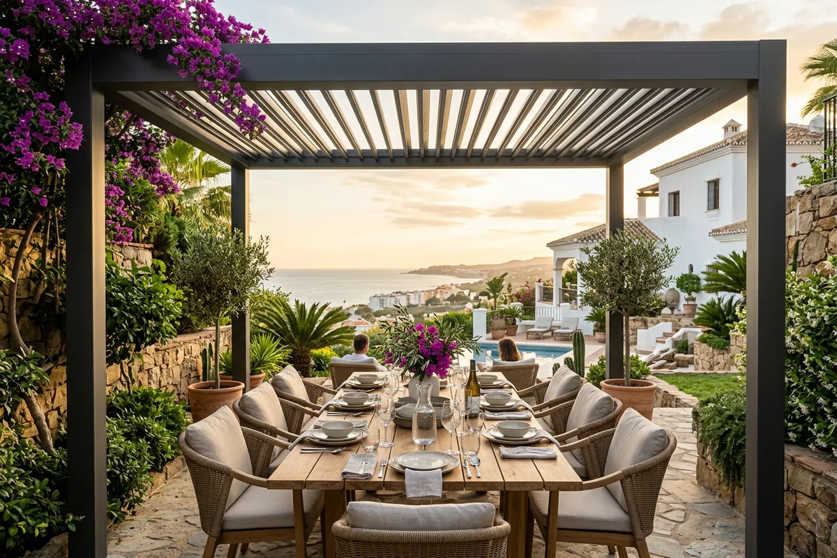 Fixed Pergolas setup on a Mediterranean terrace in Torremolinos, Costa del Sol