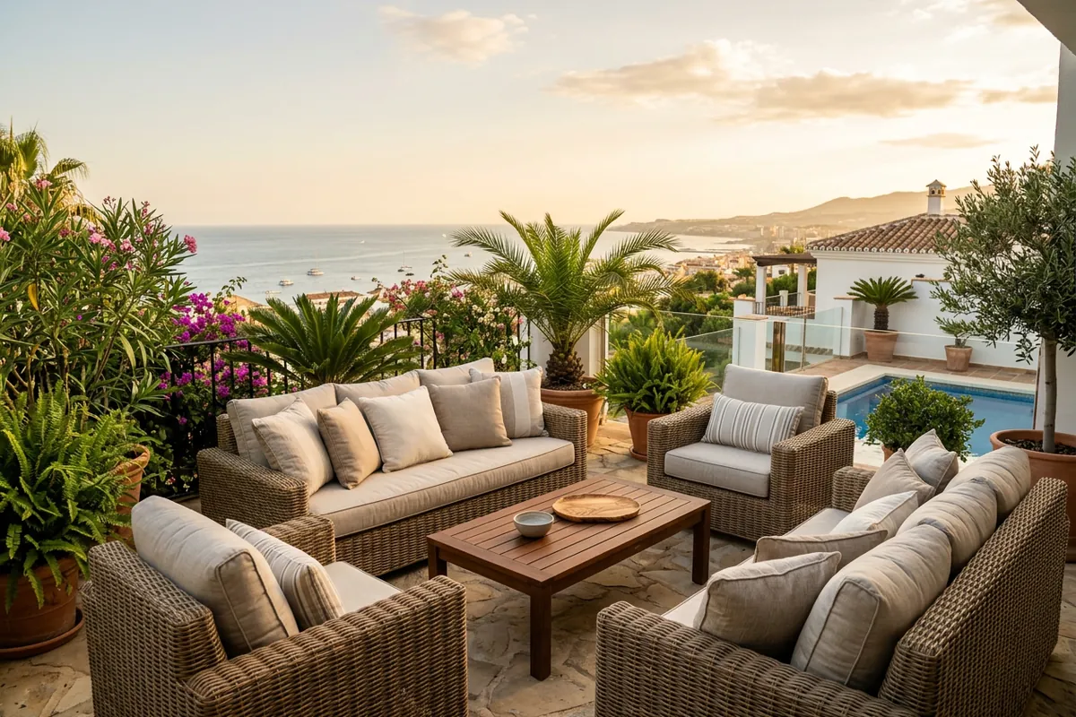 Outdoor Cushions & Textiles setup on a Mediterranean terrace in Torremolinos, Costa del Sol