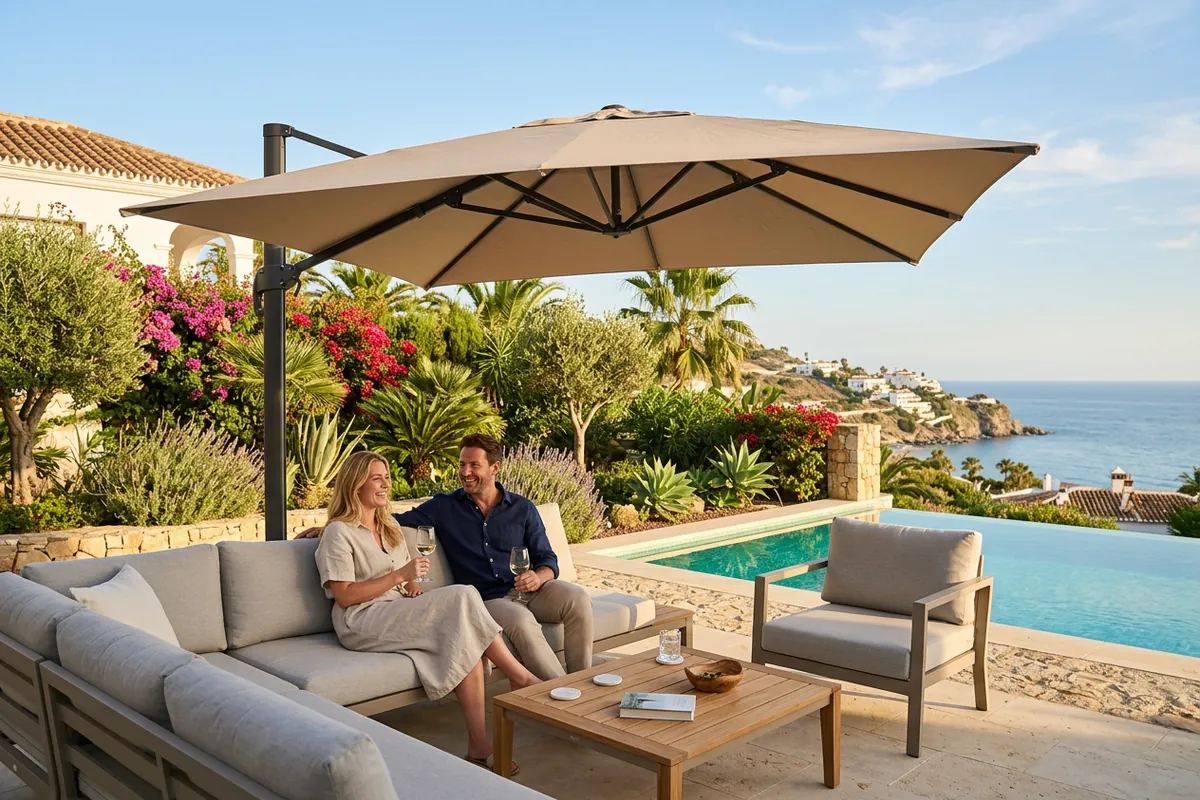 Parasols & Shade Sails setup on a Mediterranean terrace in Torremolinos, Costa del Sol