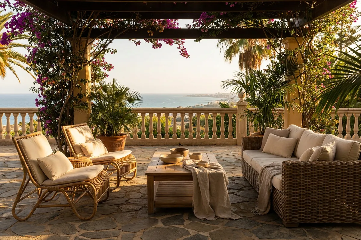 Rattan Lounge Sets setup on a Mediterranean terrace in Torremolinos, Costa del Sol