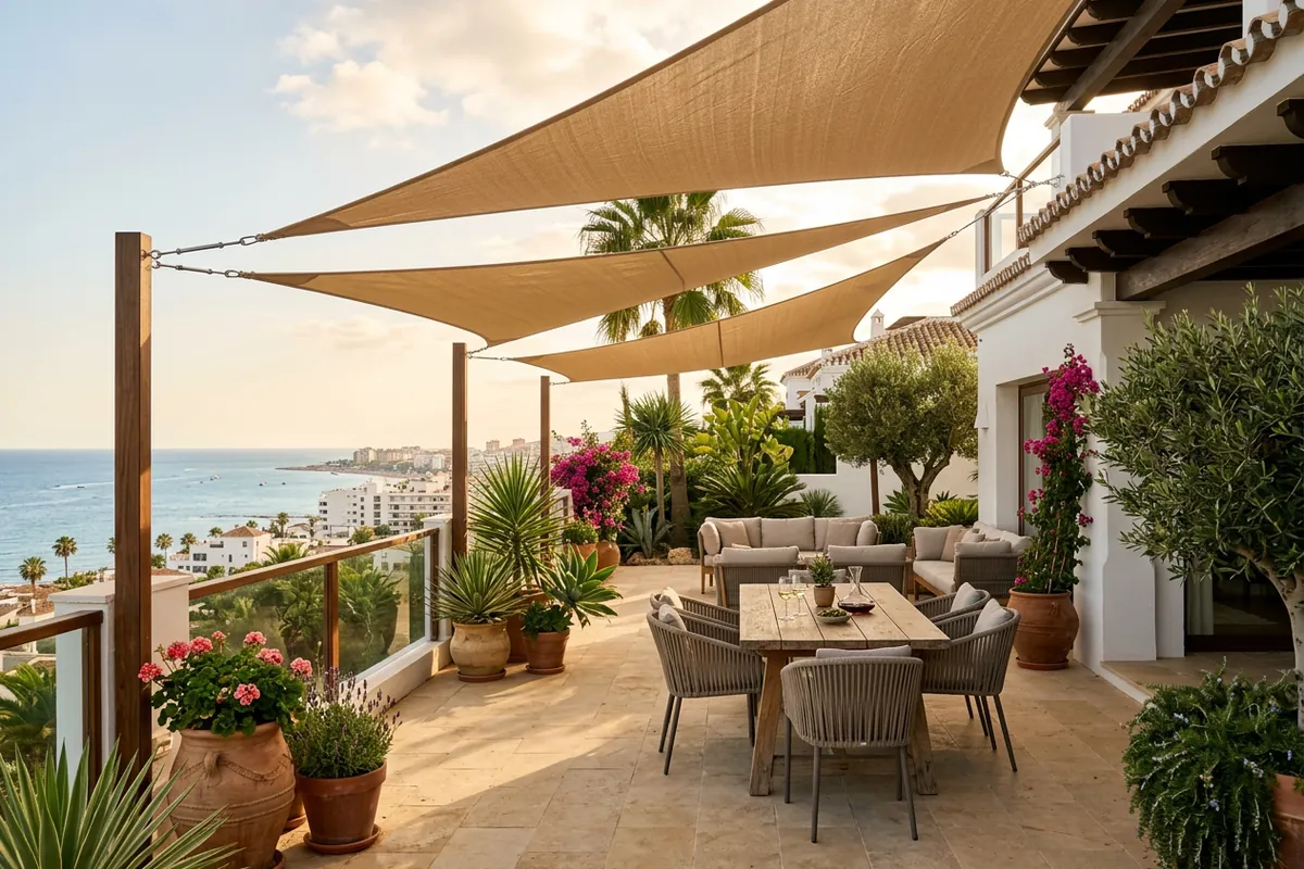 Shade Sails setup on a Mediterranean terrace in Torremolinos, Costa del Sol