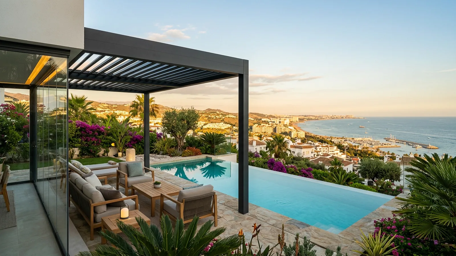 Outdoor living terrace with artificial grass & landscaping in Benalmádena, Costa del Sol, Spain