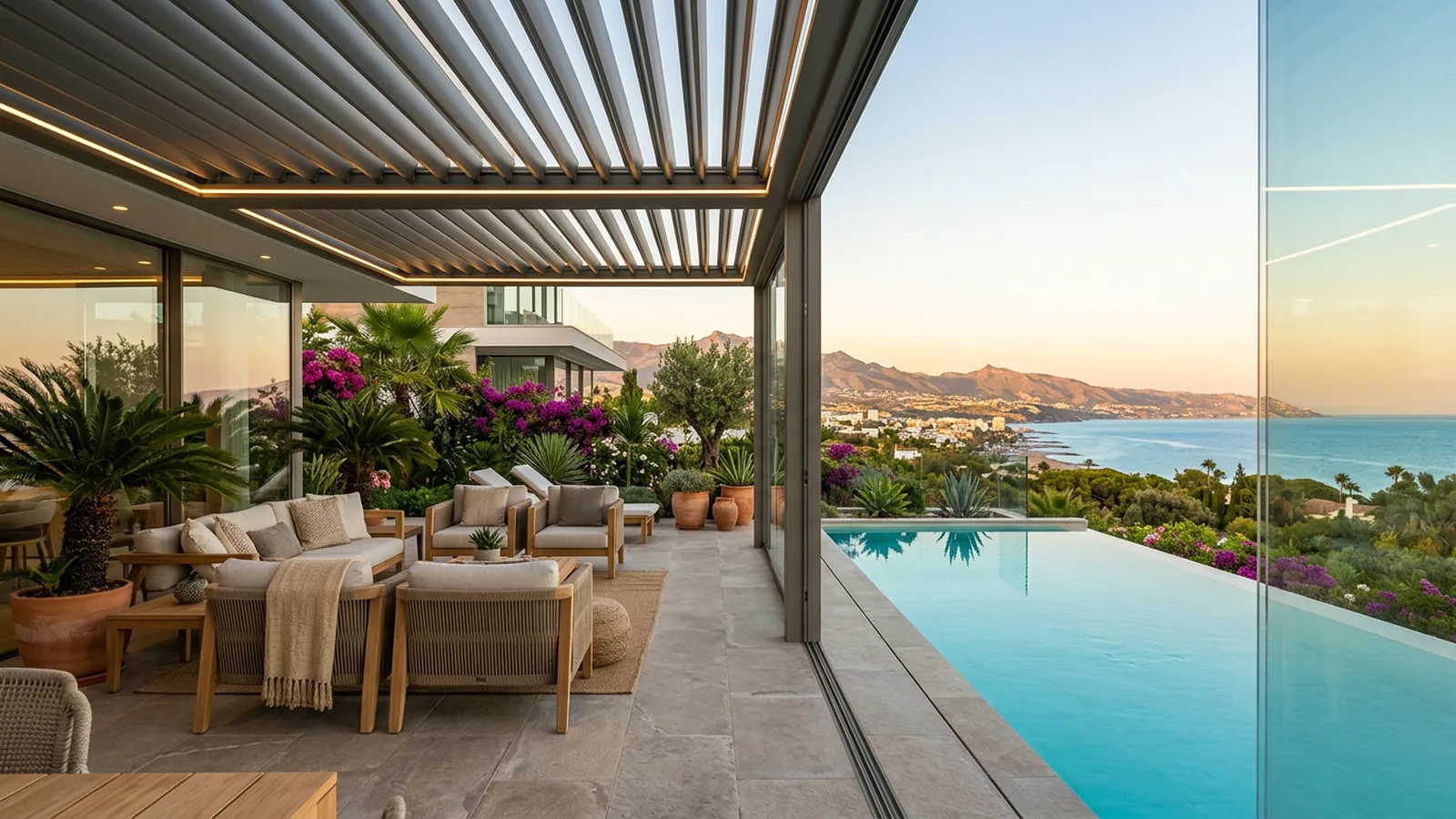 Outdoor living terrace with artificial grass & landscaping in Estepona, Costa del Sol, Spain
