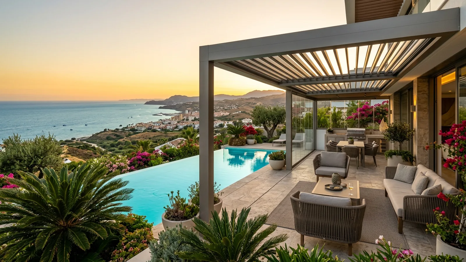 Outdoor living terrace with artificial grass & landscaping in Manilva, Costa del Sol, Spain