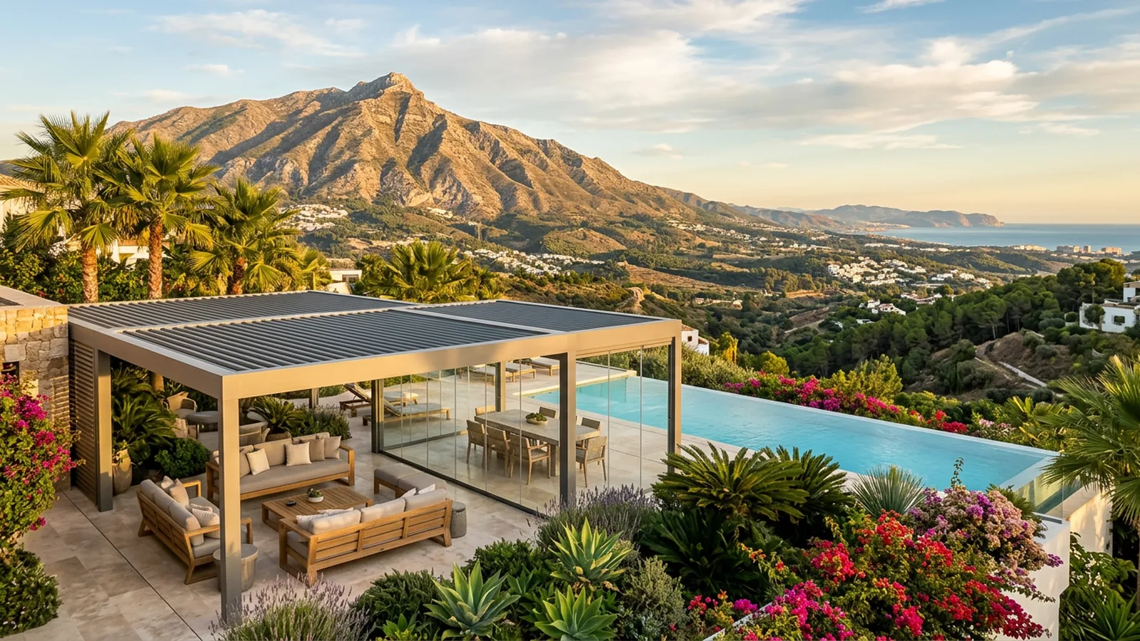 Outdoor living terrace with artificial grass & landscaping in Marbella, Costa del Sol, Spain