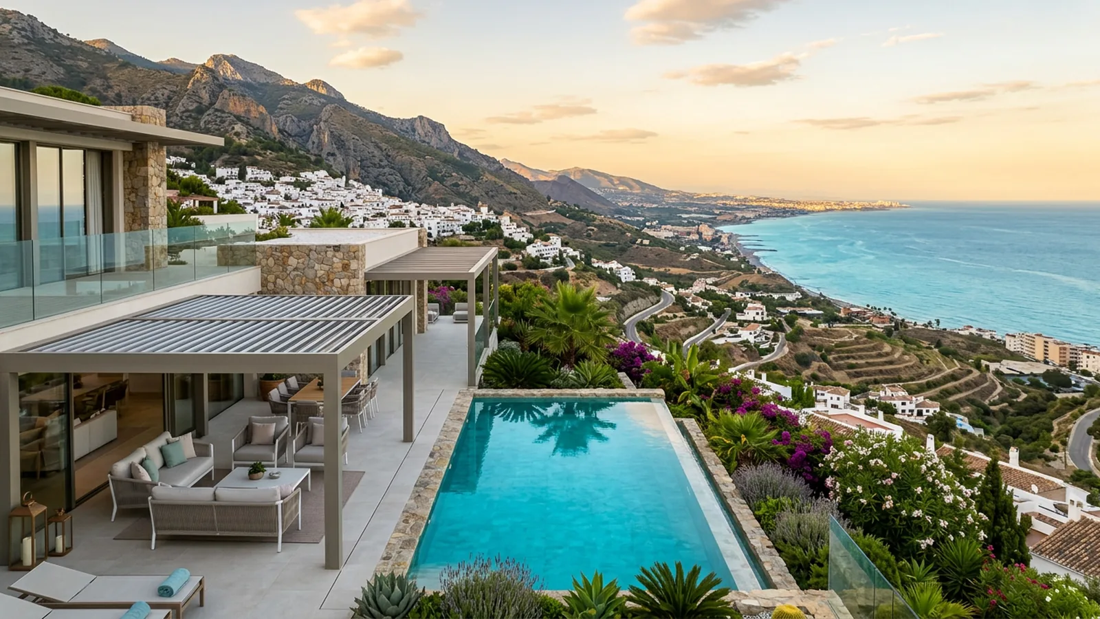 Outdoor living terrace with artificial grass & landscaping in Mijas, Costa del Sol, Spain