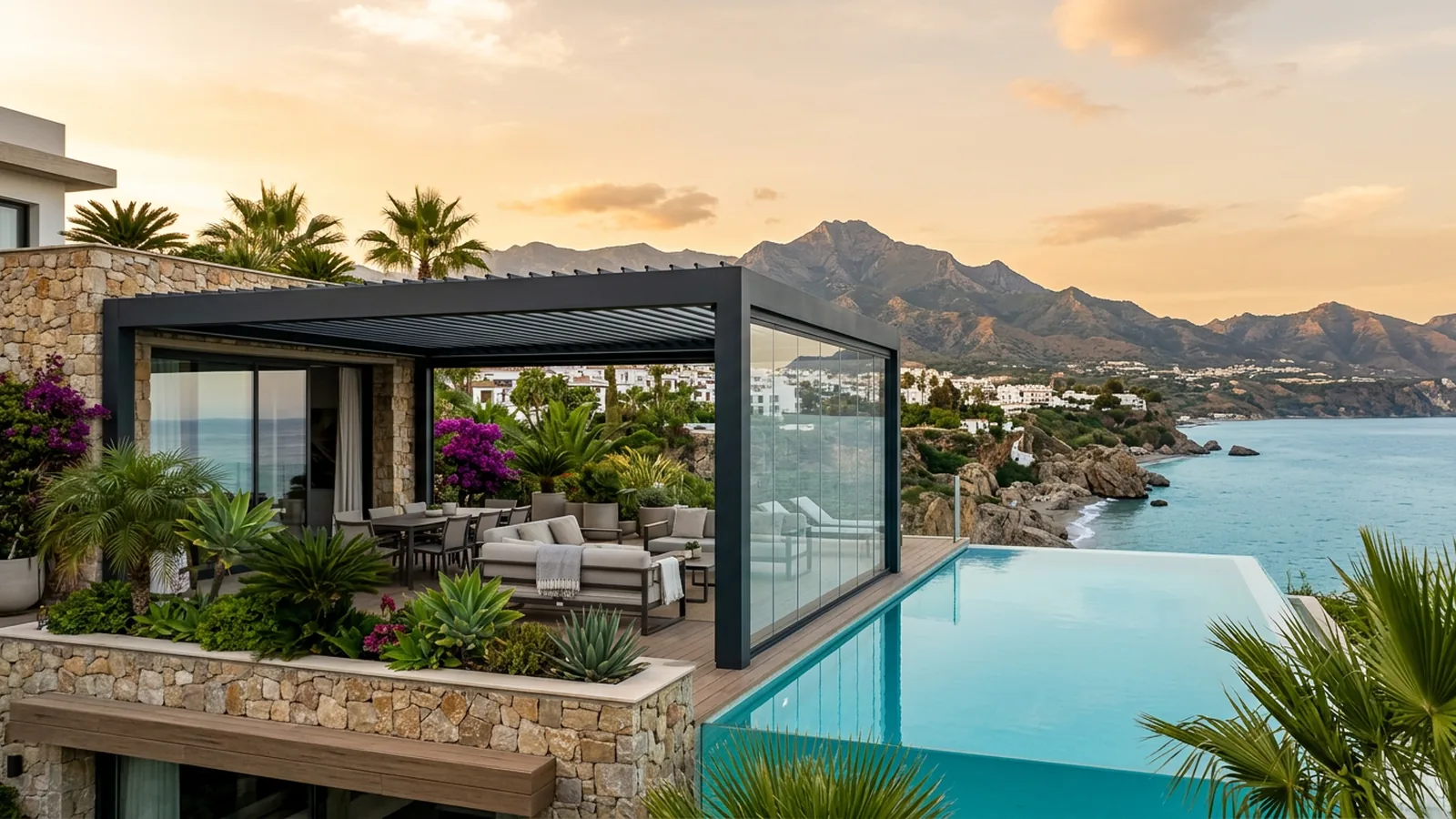 Outdoor living terrace with artificial grass & landscaping in Nerja, Costa del Sol, Spain