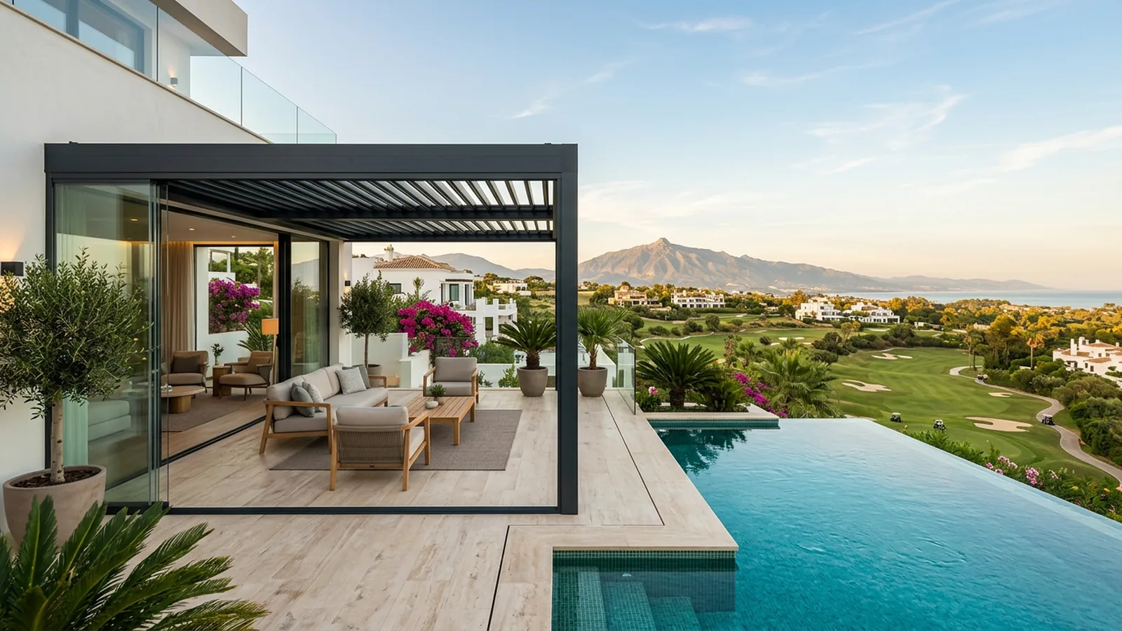 Outdoor living terrace with artificial grass & landscaping in Nueva Andalucía, Costa del Sol, Spain