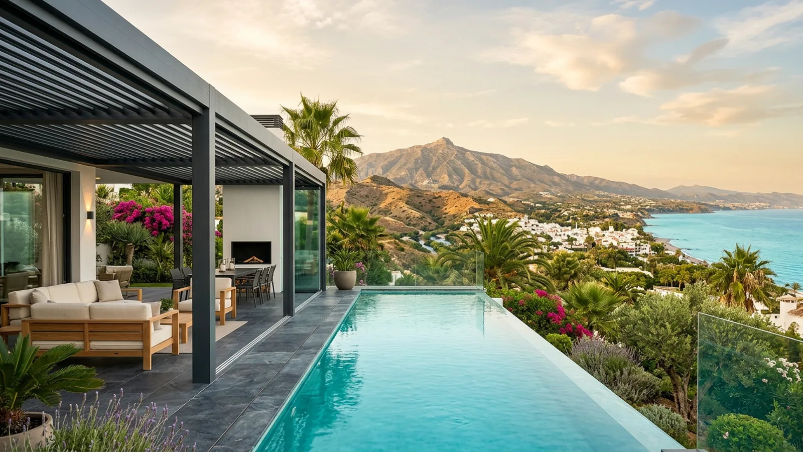 Outdoor living terrace with artificial grass & landscaping in San Pedro de Alcántara, Costa del Sol, Spain