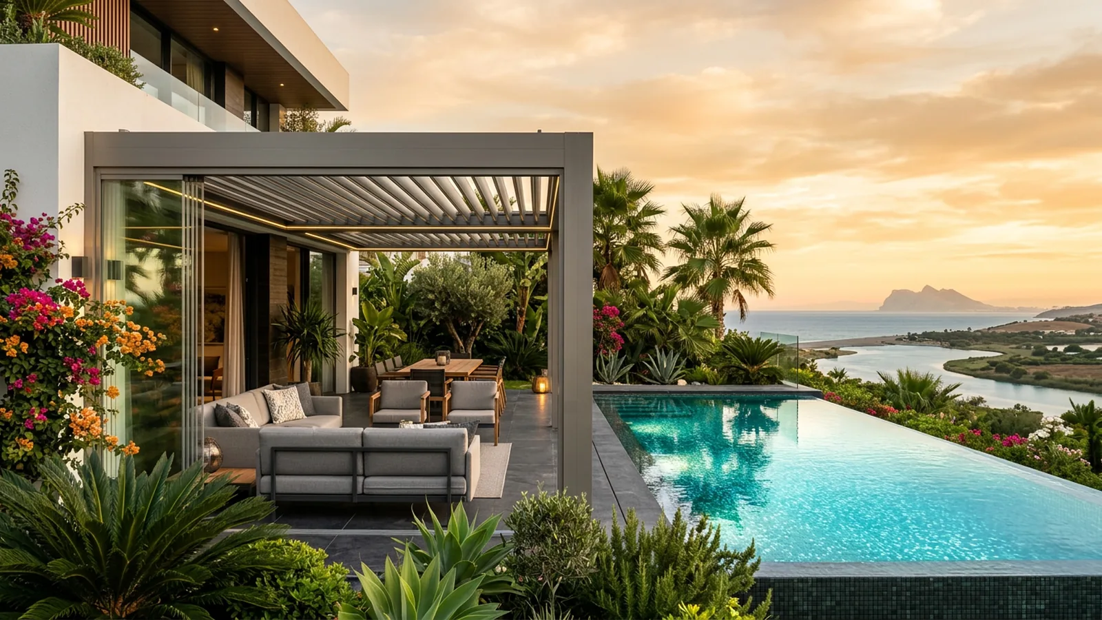 Outdoor living terrace with artificial grass & landscaping in Sotogrande, Costa del Sol, Spain