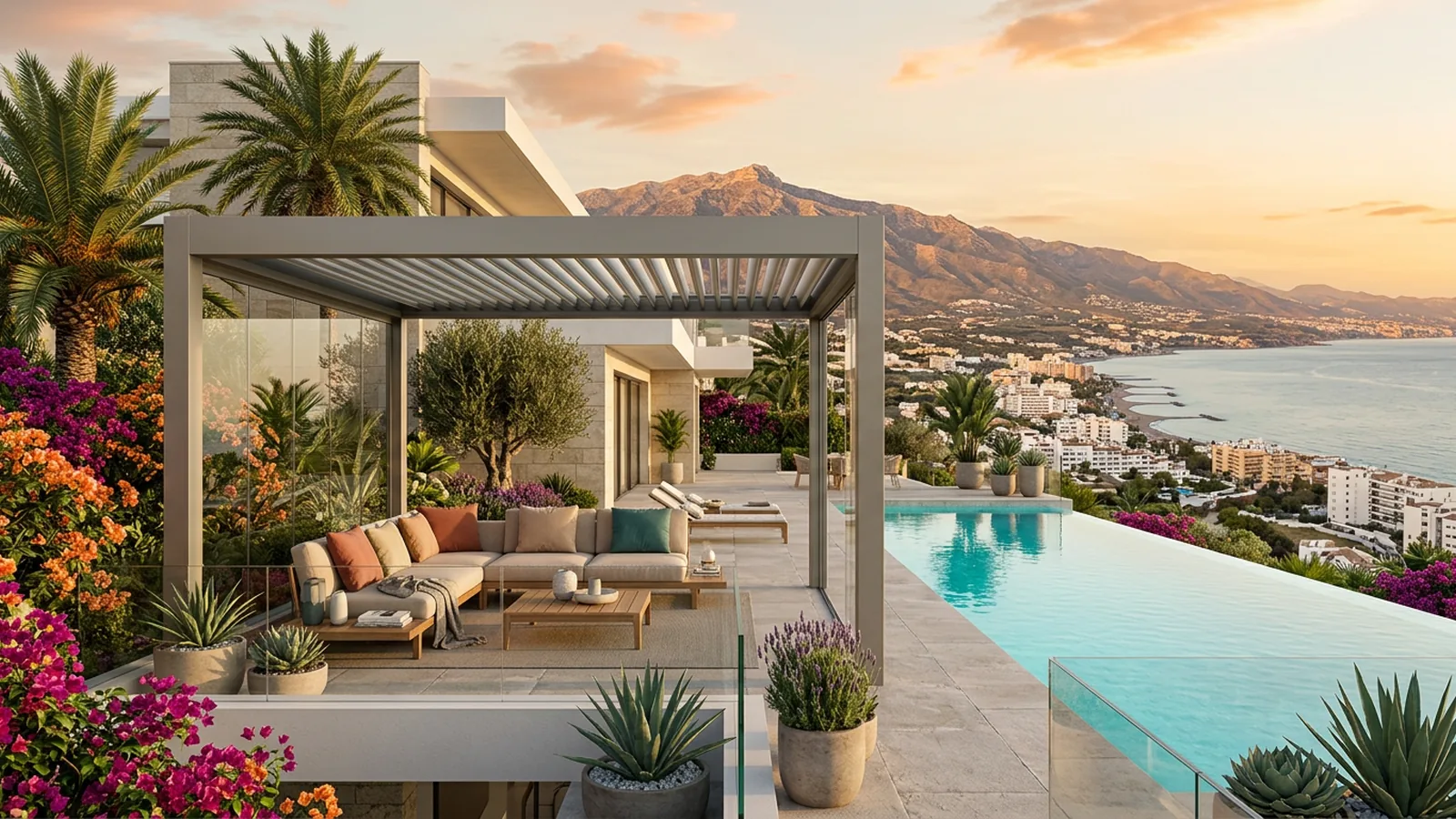 Outdoor living terrace with artificial grass & landscaping in Torremolinos, Costa del Sol, Spain